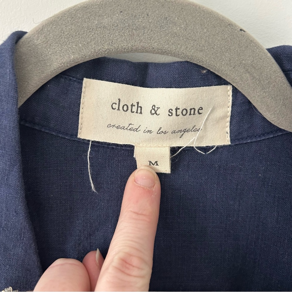 Cloth & Stone Navy Blue Linen Sleeveless Fringe Button Down Tie Waist Blouse M - Picture 7 of 10